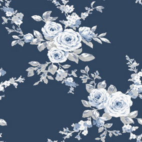 Muriva Catherine Lansfield Designer Canterbury Floral Country bouquets Wallpaper Blue 165505