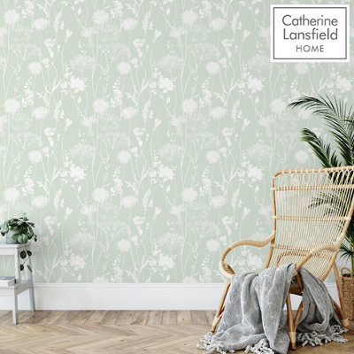Muriva Catherine Lansfield Meadowsweet Floral Green Wallpaper 165580