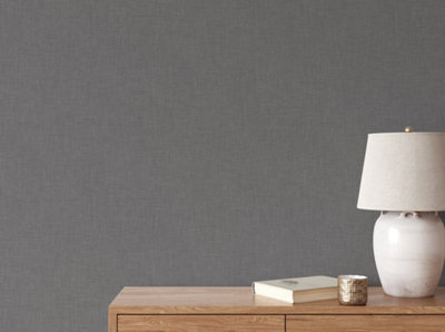 Muriva Charcoal Cambric Linen Hessian Texture Effect Quality Wallpaper 196306