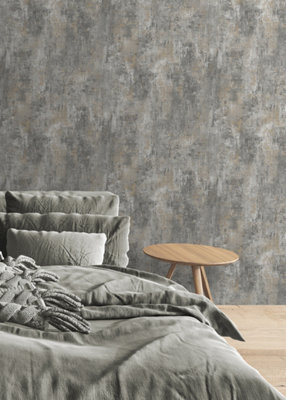 Muriva Charcoal Texture Distressed metallic effect Patterned Wallpaper