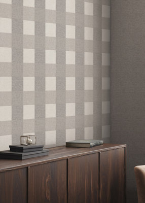 Muriva Chestnut Check Fabric effect Patterned Wallpaper