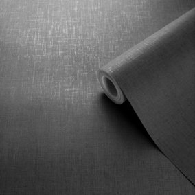 Muriva Darcy James Linen Texture Metallic Denim Fabric Effect Plain Wallpaper Black 173535