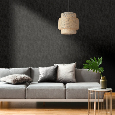 Muriva Darcy James Linen Texture Metallic Denim Fabric Effect Plain Wallpaper Black 173535