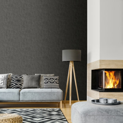 Muriva Darcy James Linen Texture Metallic Denim Fabric Effect Plain Wallpaper Black 173535