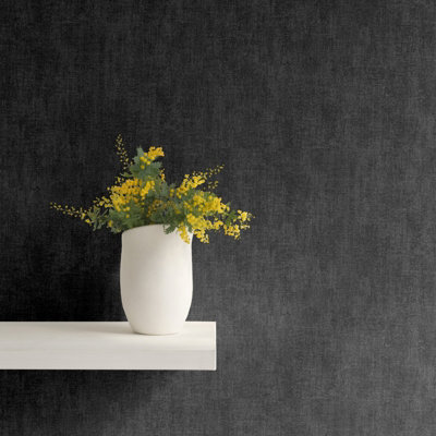 Muriva Darcy James Linen Texture Metallic Denim Fabric Effect Plain Wallpaper Black 173535