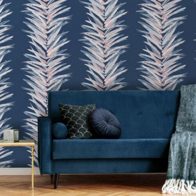 Muriva Dhara Leaf Wallpaper Exotic Palm Leaves Stripes Brush Marks Blue 191503