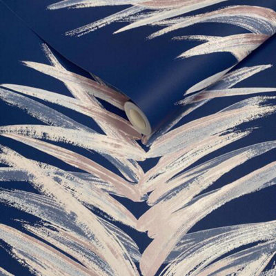 Muriva Dhara Leaf Wallpaper Exotic Palm Leaves Stripes Brush Marks Blue 191503