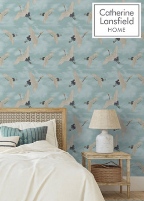 Muriva Duck Egg Birds Metallic effect Patterned Wallpaper