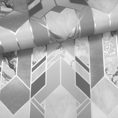 Muriva Elixir Geometric Marble Shapes Silver Wallpaper 167501