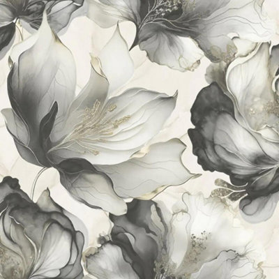 Muriva Elysian Floral Flowers Petal Pastel Metallic Black and Gold Wallpaper