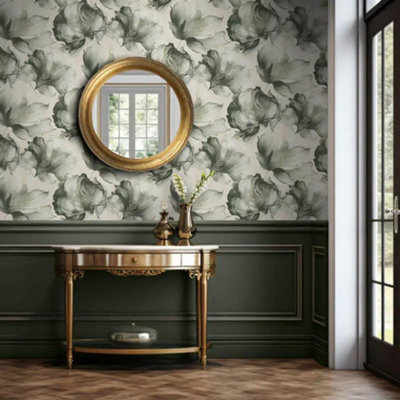 Muriva Elysian Floral Flowers Petal Pastel Metallic Green and Gold Wallpaper