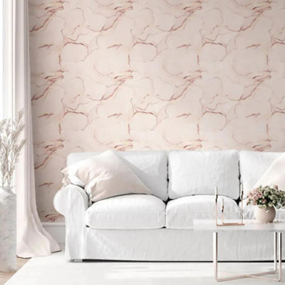 Muriva Elysian Marble Pink Wallpaper Modern Metallic Gold Effect Feature Wall