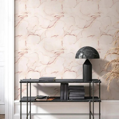 Muriva Elysian Marble Pink Wallpaper Modern Metallic Gold Effect Feature Wall