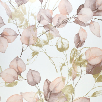 Muriva Eucalyptus Blush Wallpaper Metallic Gold Effect Leaves Feature Wall