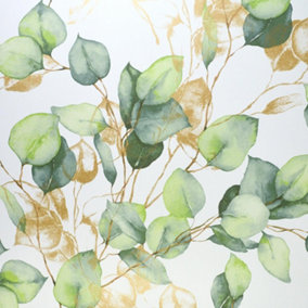 Muriva Eucalyptus Green Wallpaper Metallic Gold Effect Leaves Feature Wall