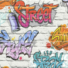 Muriva Graffiti Brick Pattern Multicoloured Wallpaper L17905