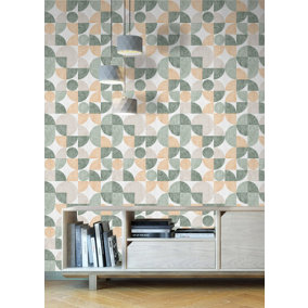 Muriva Green Geometric Fabric effect Patterned Wallpaper