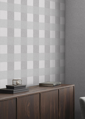 Muriva Grey Check Fabric effect Patterned Wallpaper
