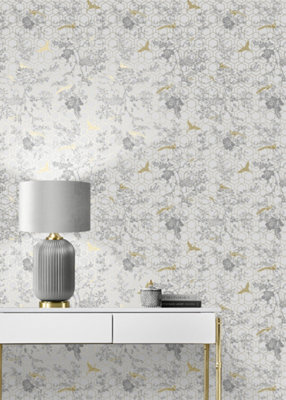 Muriva Grey Floral 3D effect Patterned Wallpaper