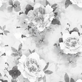 Muriva Grey Floral Glitter effect Embossed Wallpaper