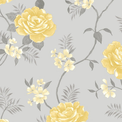 Muriva Grey & Ochre Floral Pearl effect Embossed Wallpaper