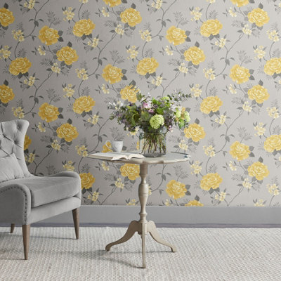 Muriva Grey Ochre Floral Pearl effect Embossed Wallpaper