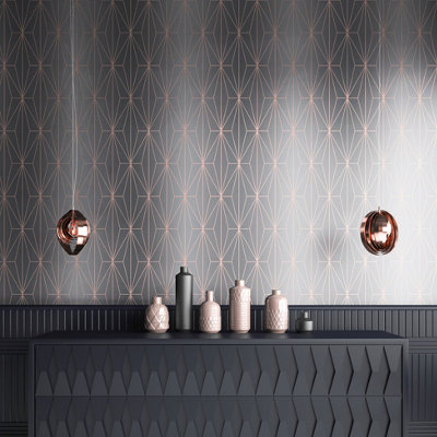 Muriva Grey & Rose Gold Geometric Metallic effect Embossed Wallpaper