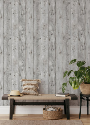 Muriva Grey Wood Wood effect Patterned Wallpaper