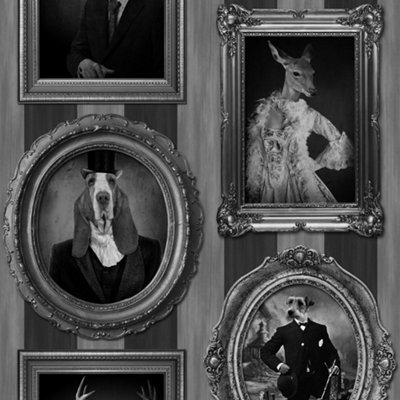 Muriva J59309 Black and White Dogs in Frames Wallpaper 10.05m long x 0.53m wide 