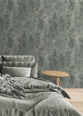 Muriva Jade Green Texture Distressed metallic effect Patterned Wallpaper