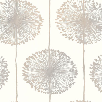 Muriva Large Blown Metallic Sheen Dandelion Floral Flower Wallpaper Feature Wall Beige J04207