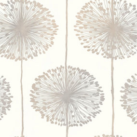 Muriva Large Blown Metallic Sheen Dandelion Floral Flower Wallpaper Feature Wall Beige J04207