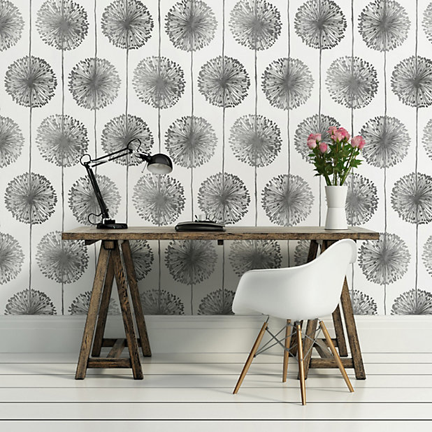 Muriva Large Blown Metallic Sheen Dandelion Floral Flower Wallpaper Feature  Wall Silver J04209