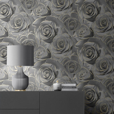 Muriva Madison Rose Glitter Wallpaper Black 139526