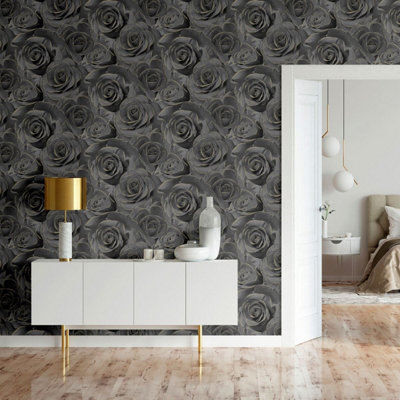 Muriva Madison Rose Glitter Wallpaper Black 139526
