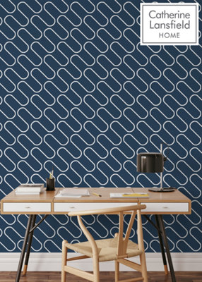 Muriva Navy/White Geometric 3D effect Patterned Wallpaper DIY at B&Q