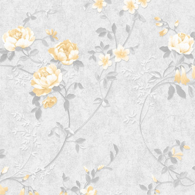 Muriva Ochre & Grey Floral Mica effect Embossed Wallpaper