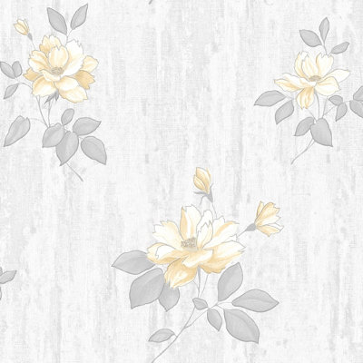 Muriva Ochre & Grey Floral Mica effect Embossed Wallpaper