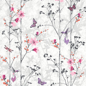Pink Grey Blue Rose Gold Floral Butterfly Wallpaper Glitter Muriva