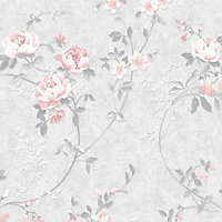 Muriva Pink & Grey Floral Mica effect Embossed Wallpaper