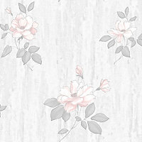 Muriva Pink & Grey Floral Mica effect Embossed Wallpaper