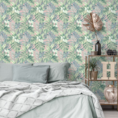 Muriva Pink Tropical Pearl effect Embossed Wallpaper