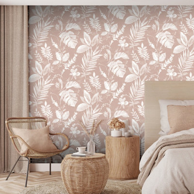 Muriva Pink Tropical Water coloured effect Embossed Wallpaper