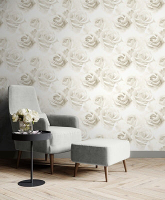 Muriva Rhoda Rose Cream White Metallic Floral Luxury Wallpaper 203502