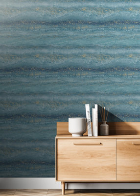 Muriva Semper Vertical Marble Teal/Gold Metallic Flat Surface Wallpaper 189504