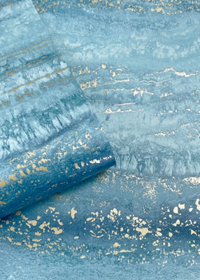 Muriva Semper Vertical Marble Teal/Gold Metallic Flat Surface Wallpaper 189504