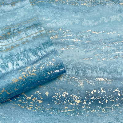 Muriva Semper Vertical Marble Teal/Gold Metallic Flat Surface Wallpaper 189504