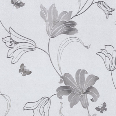 Muriva Silver Floral Metallic effect Embossed Wallpaper DIY at B&Q