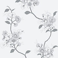 Muriva Silver Floral Metallic effect Embossed Wallpaper