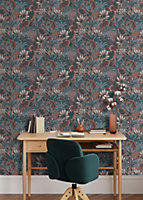 Muriva Teal Floral 3D effect Patterned Wallpaper